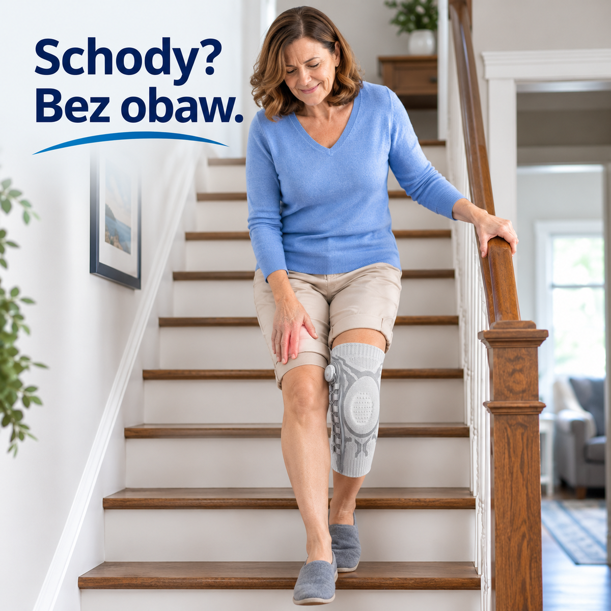 Kobieta schodzi po schodach w opasce na kolano