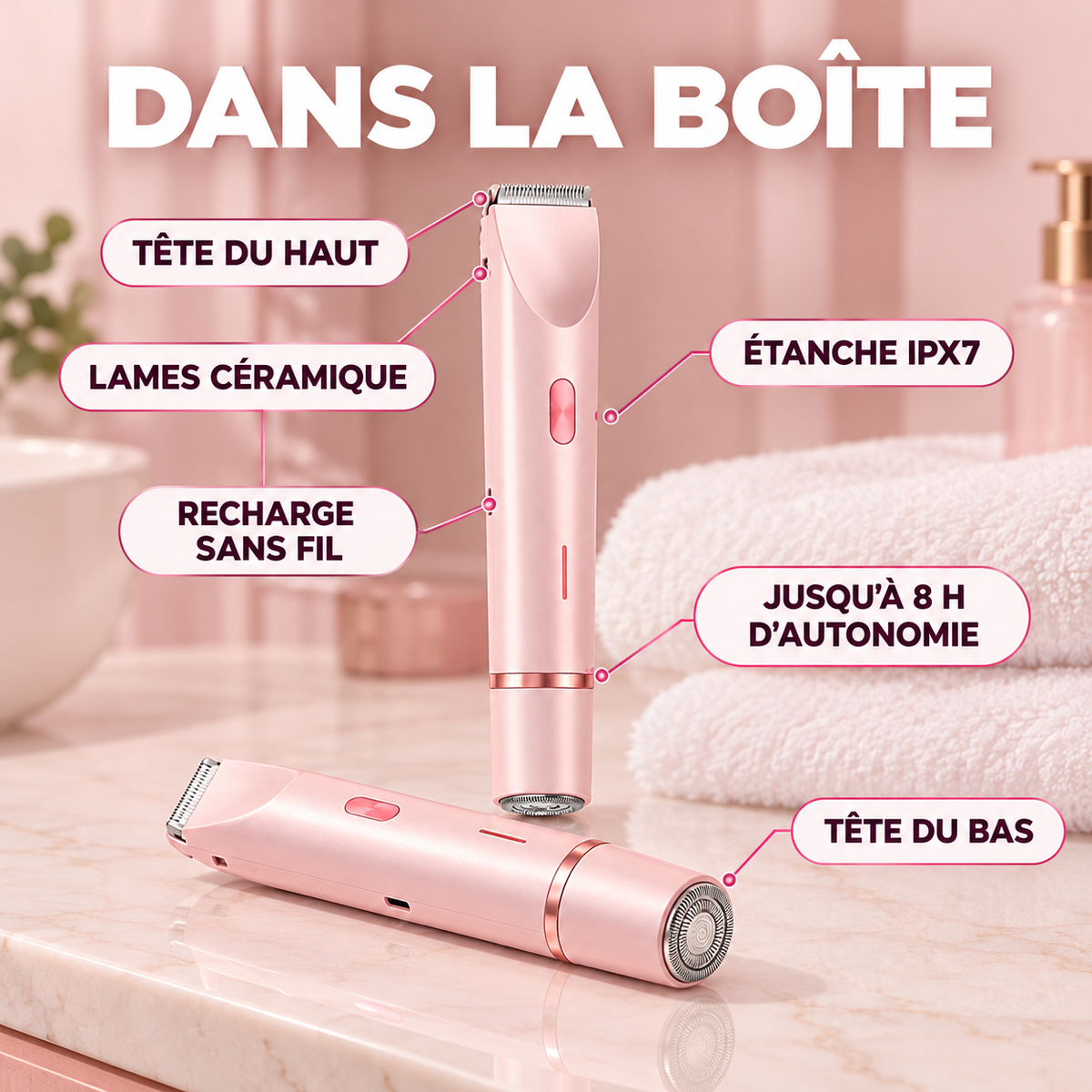 Dans la boîte : tondeuse, 2 têtes, lames céramique, recharge sans fil